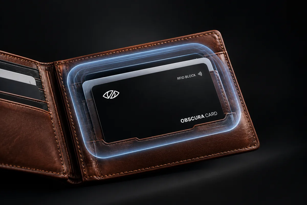 Obscura Card nel portafoglio che blocca i segnali RFID